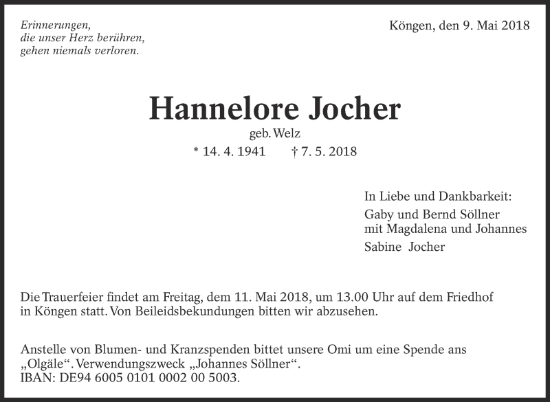  Traueranzeige für Hannelore Jocher vom 09.05.2018 aus Eßlinger Zeitung/Cannstatter Zeitung