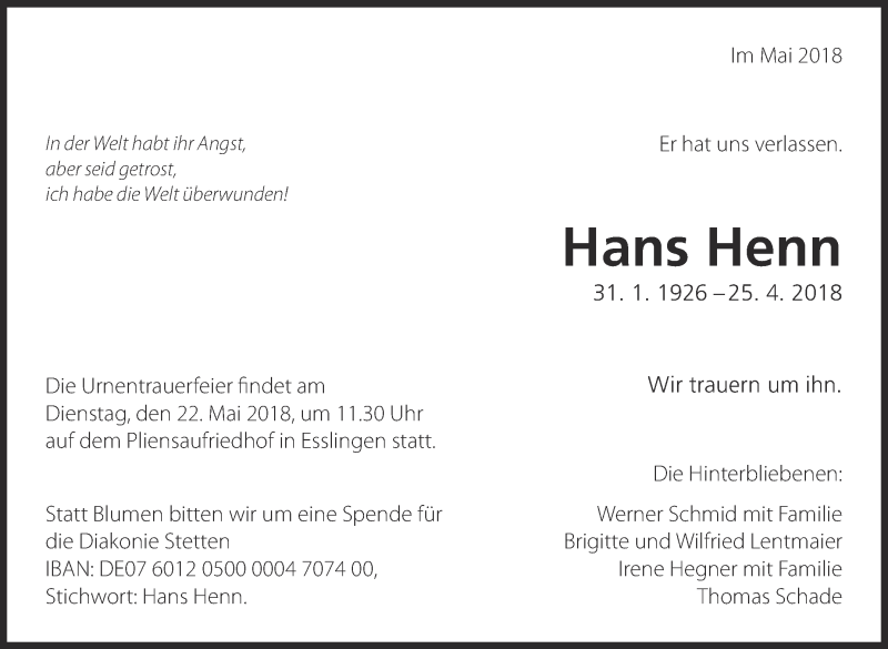  Traueranzeige für Hans Henn vom 18.05.2018 aus Eßlinger Zeitung/Cannstatter Zeitung
