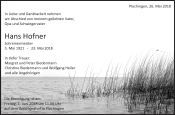 Traueranzeige von Hans Hofner von Eßlinger Zeitung/Cannstatter Zeitung