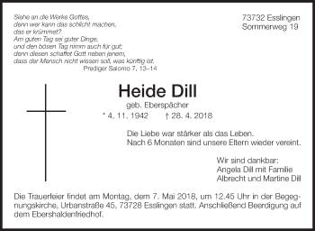 Traueranzeige von Heide Dill von Eßlinger Zeitung/Cannstatter Zeitung
