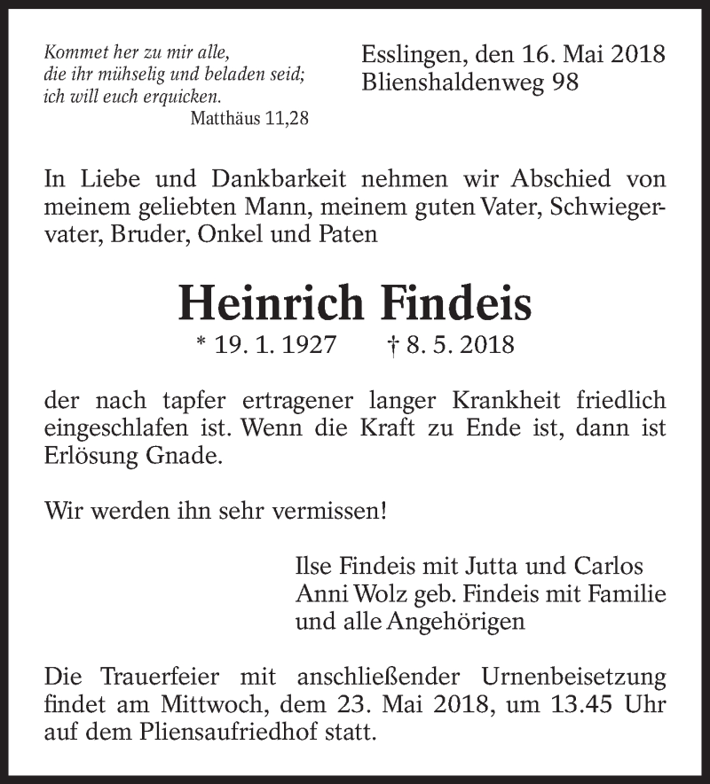  Traueranzeige für Heinrich Findeis vom 16.05.2018 aus Eßlinger Zeitung/Cannstatter Zeitung