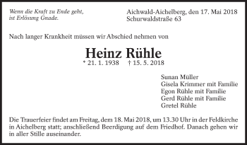 Traueranzeige von Heinz Rühle von Eßlinger Zeitung/Cannstatter Zeitung