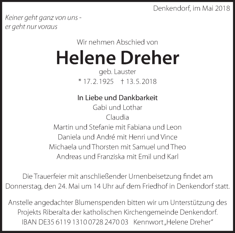  Traueranzeige für Helene Dreher vom 17.05.2018 aus Eßlinger Zeitung/Cannstatter Zeitung