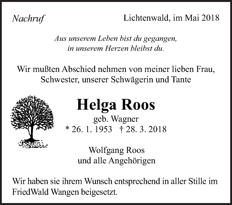  Traueranzeige für Helga Roos vom 05.05.2018 aus Eßlinger Zeitung/Cannstatter Zeitung