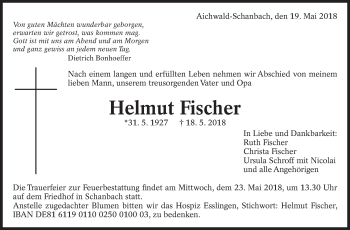 Traueranzeige von Helmut Fischer von Eßlinger Zeitung/Cannstatter Zeitung