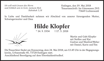Traueranzeige von Hilde Klopfer von Eßlinger Zeitung/Cannstatter Zeitung