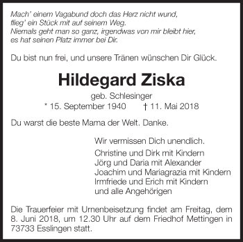 Traueranzeige von Hildegard Ziska von Eßlinger Zeitung/Cannstatter Zeitung