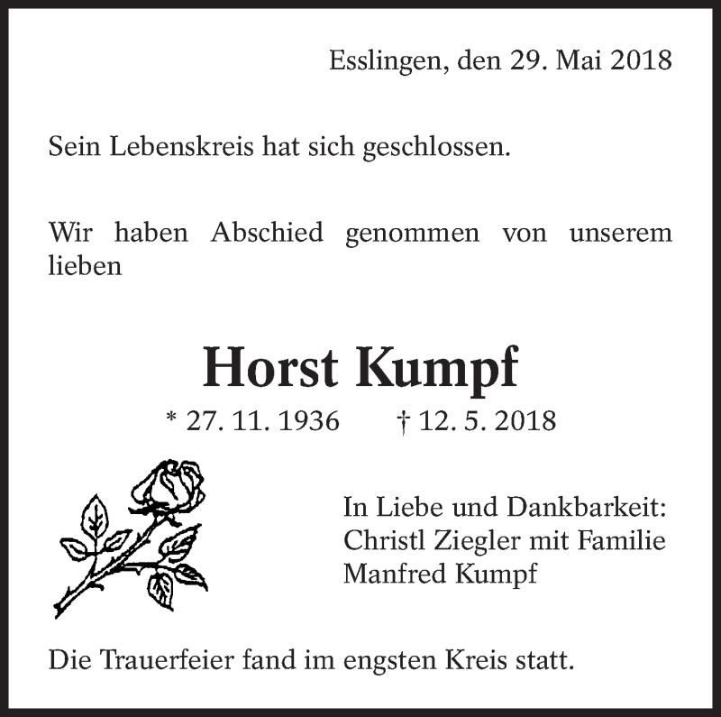  Traueranzeige für Horst Kumpf vom 29.05.2018 aus Eßlinger Zeitung/Cannstatter Zeitung
