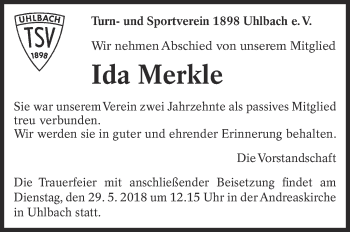 Traueranzeige von Ida Merkle von Eßlinger Zeitung/Cannstatter Zeitung