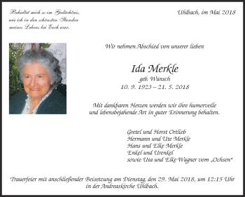 Traueranzeige von Ida Merkle von Eßlinger Zeitung/Cannstatter Zeitung