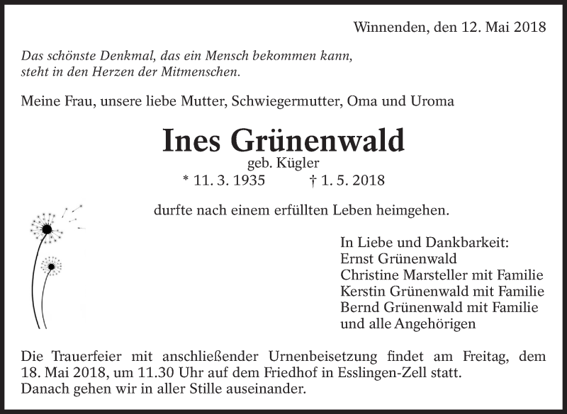  Traueranzeige für Ines Grünenwald vom 12.05.2018 aus Eßlinger Zeitung/Cannstatter Zeitung