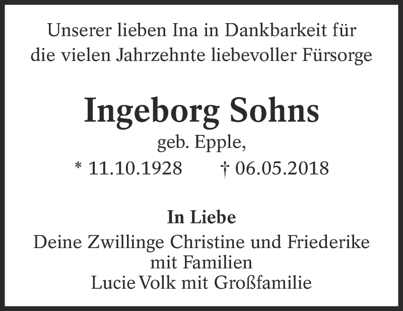  Traueranzeige für Ingeborg Sohns vom 15.05.2018 aus Eßlinger Zeitung/Cannstatter Zeitung
