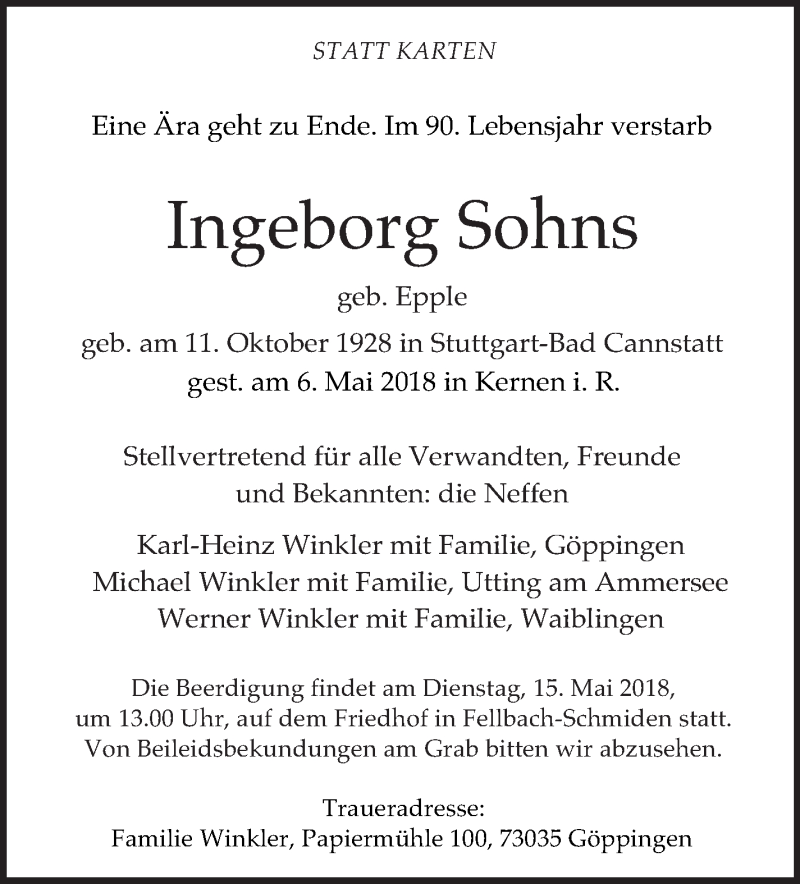  Traueranzeige für Ingeborg Sohns vom 08.05.2018 aus Eßlinger Zeitung/Cannstatter Zeitung