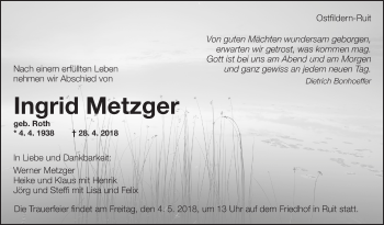 Traueranzeige von Ingrid Metzger von Eßlinger Zeitung/Cannstatter Zeitung