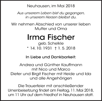 Traueranzeige von Irma Fischer von Eßlinger Zeitung/Cannstatter Zeitung