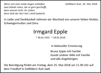 Traueranzeige von Irmgard Epple von Eßlinger Zeitung/Cannstatter Zeitung
