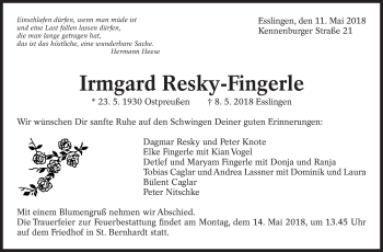 Traueranzeige von Irmgard Resky-Fingerle von Eßlinger Zeitung/Cannstatter Zeitung