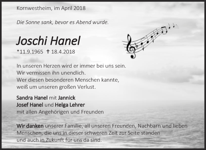  Traueranzeige für Joschi Hanel vom 05.05.2018 aus Eßlinger Zeitung/Cannstatter Zeitung