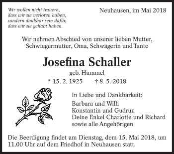 Traueranzeige von Josefina Schaller von Eßlinger Zeitung/Cannstatter Zeitung