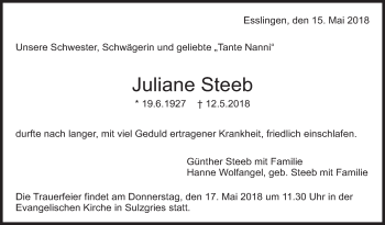 Traueranzeige von Juliane Steeb von Eßlinger Zeitung/Cannstatter Zeitung