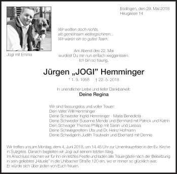 Traueranzeige von Jürgen Hemminger von Eßlinger Zeitung/Cannstatter Zeitung