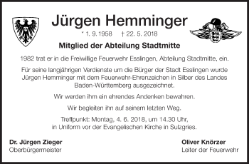 Traueranzeige von Jürgen Hemminger von Eßlinger Zeitung/Cannstatter Zeitung