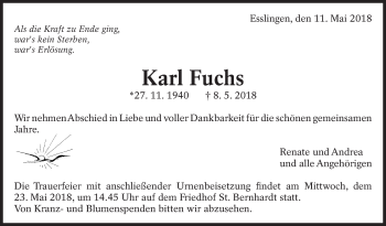 Traueranzeige von Karl Fuchs von Eßlinger Zeitung/Cannstatter Zeitung