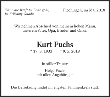 Traueranzeige von Kurt Fuchs von Eßlinger Zeitung/Cannstatter Zeitung
