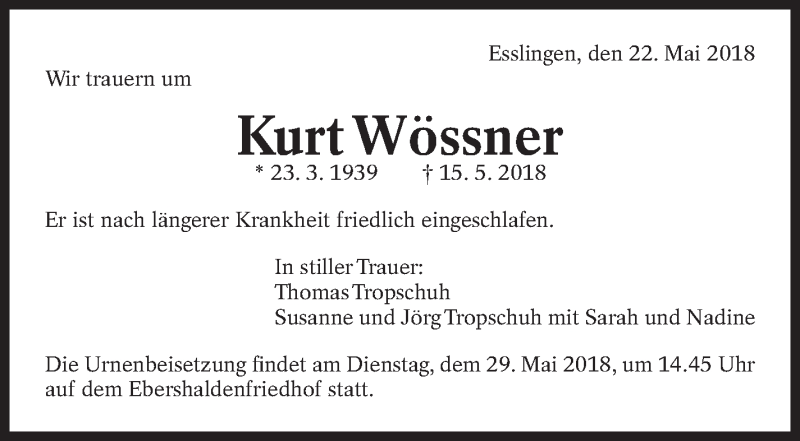  Traueranzeige für Kurt Wössner vom 22.05.2018 aus Eßlinger Zeitung/Cannstatter Zeitung