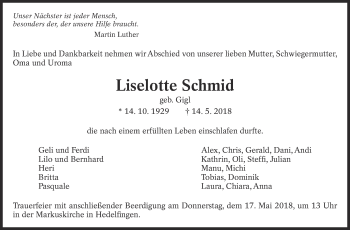 Traueranzeige von Liselotte Schmid von Eßlinger Zeitung/Cannstatter Zeitung