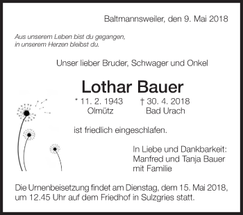 Traueranzeige von Lothar Bauer von Eßlinger Zeitung/Cannstatter Zeitung