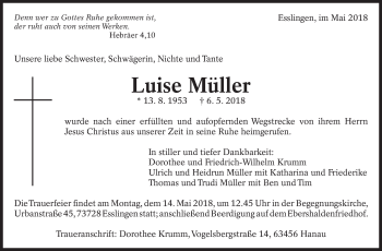 Traueranzeige von Luise Müller von Eßlinger Zeitung/Cannstatter Zeitung
