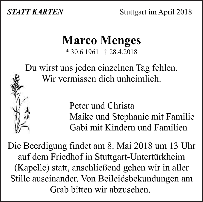  Traueranzeige für Marco Menges vom 05.05.2018 aus Eßlinger Zeitung/Cannstatter Zeitung