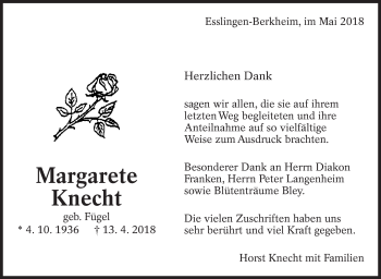 Traueranzeige von Margarete Knecht von Eßlinger Zeitung/Cannstatter Zeitung