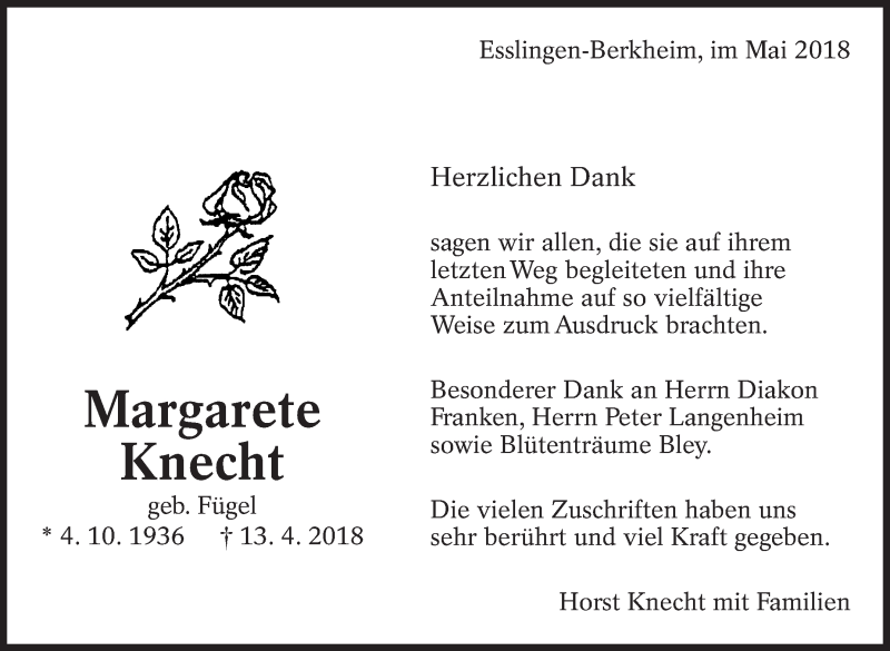  Traueranzeige für Margarete Knecht vom 05.05.2018 aus Eßlinger Zeitung/Cannstatter Zeitung