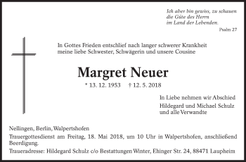 Traueranzeige von Margret Neuer von Eßlinger Zeitung/Cannstatter Zeitung