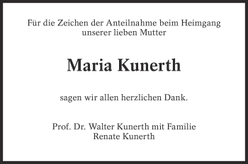 Traueranzeige von Maria Kunerth von Eßlinger Zeitung/Cannstatter Zeitung