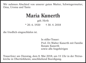 Traueranzeige von Maria Kunerth von Eßlinger Zeitung/Cannstatter Zeitung