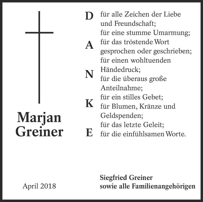 Traueranzeige für Marjan Greiner vom 24.05.2018 aus Eßlinger Zeitung/Cannstatter Zeitung