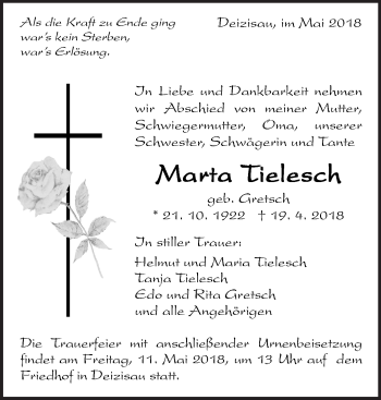 Traueranzeige von Marta Tielesch von Eßlinger Zeitung/Cannstatter Zeitung
