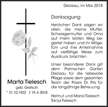 Traueranzeige von Marta Tielesch von Eßlinger Zeitung/Cannstatter Zeitung