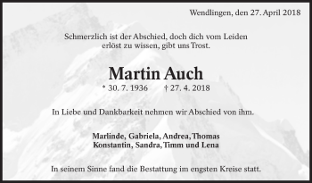 Traueranzeige von Martin Auch von Eßlinger Zeitung/Cannstatter Zeitung