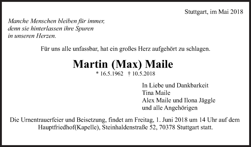  Traueranzeige für Martin Maile vom 29.05.2018 aus Eßlinger Zeitung/Cannstatter Zeitung