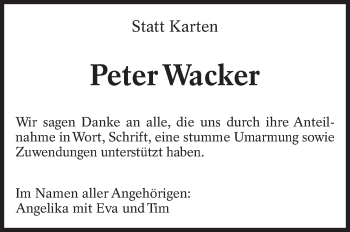 Traueranzeige von Peter Wacker von Eßlinger Zeitung/Cannstatter Zeitung