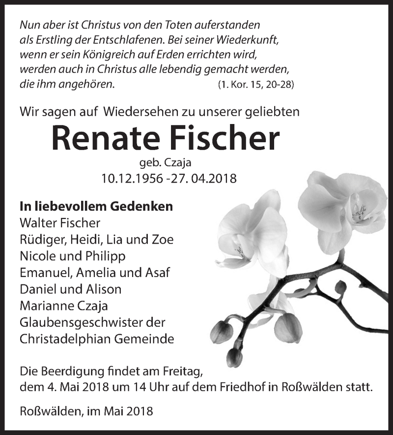  Traueranzeige für Renate Fischer vom 02.05.2018 aus Eßlinger Zeitung/Cannstatter Zeitung