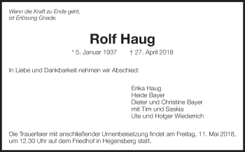 Traueranzeige von Rolf Haug von Eßlinger Zeitung/Cannstatter Zeitung