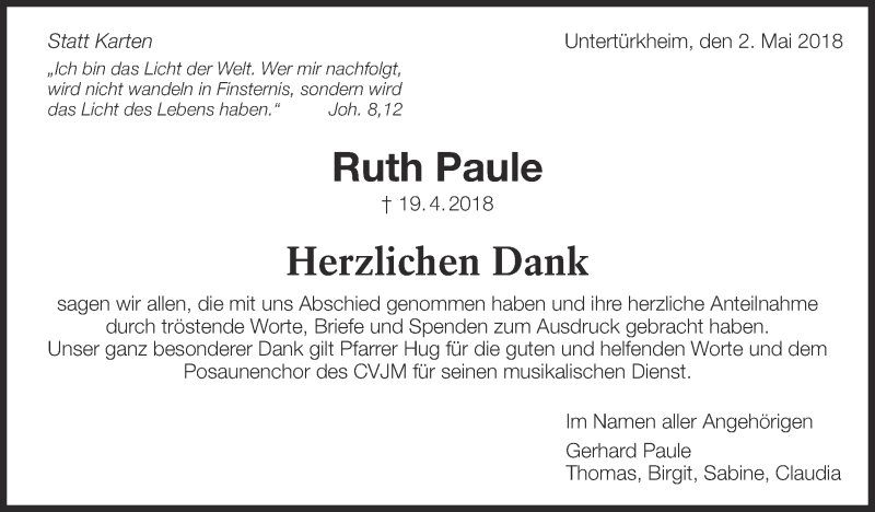  Traueranzeige für Ruth Paule vom 03.05.2018 aus Eßlinger Zeitung/Cannstatter Zeitung