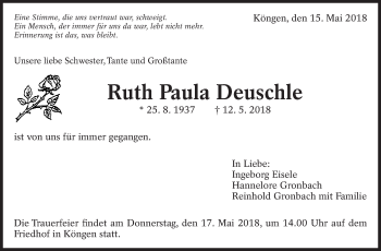 Traueranzeige von Ruth Paula Deuschle von Eßlinger Zeitung/Cannstatter Zeitung