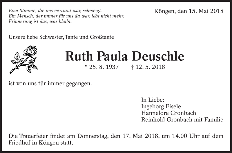  Traueranzeige für Ruth Paula Deuschle vom 15.05.2018 aus Eßlinger Zeitung/Cannstatter Zeitung