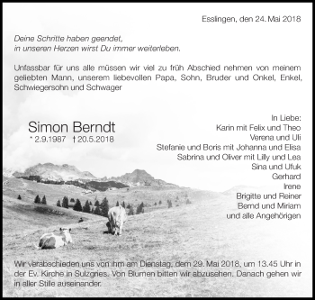 Traueranzeige von Simon Berndt von Eßlinger Zeitung/Cannstatter Zeitung